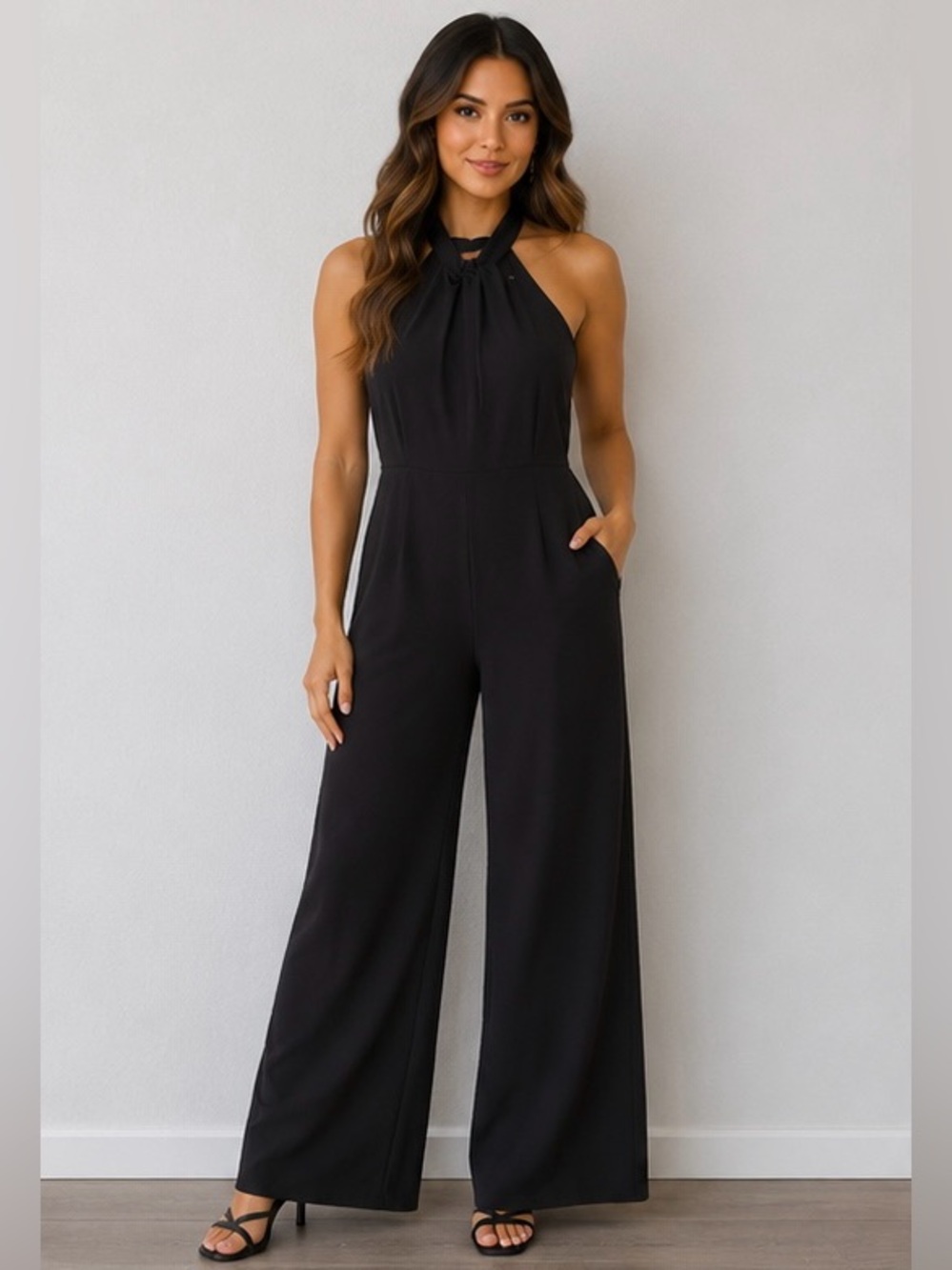 julia jordan Black Halter Wide-Leg Jumpsuit